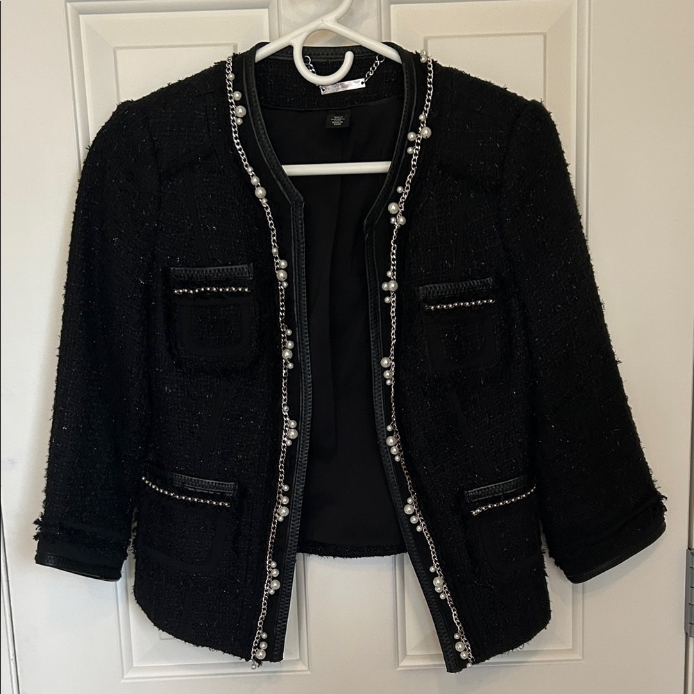 WHBM Elegant Black Women's Jacket with Pearl Accents. Size 2
